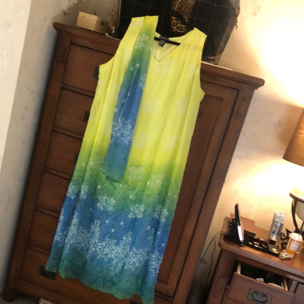 Lime green and turquoise batik polyester dress two layer sleeveless with scarf 🐟